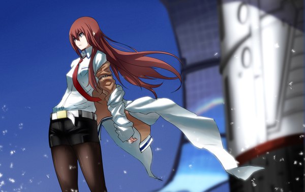 Anime picture 1591x1000 with steins;gate white fox makise kurisu tsuuhan single long hair blue eyes brown hair standing looking away sky wind sunlight open clothes open jacket revision girl shirt pantyhose necktie