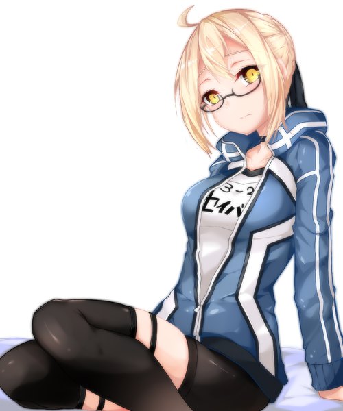 Anime picture 1000x1200 with fate (series) fate/grand order artoria pendragon (all) mysterious heroine x (alter) (fate) zuo wei er single tall image looking at viewer short hair simple background blonde hair white background sitting yellow eyes ahoge arm support open jacket girl thighhighs black thighhighs