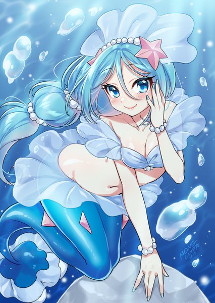 Anime picture 1447x2039 with pokemon pokemon sm nintendo primarina mono land single long hair tall image looking at viewer blush fringe breasts blue eyes light erotic smile hair between eyes signed blue hair cleavage full body