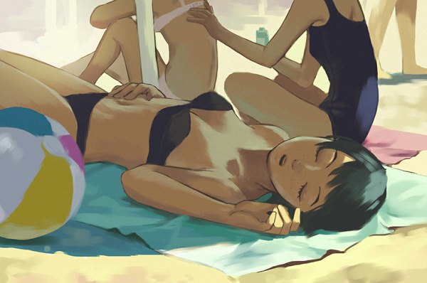Anime picture 1119x744 with original jpg short hair open mouth sitting bare shoulders multiple girls lying eyes closed from behind shadow beach back sleeping sand freckles dark hair girl swimsuit bikini