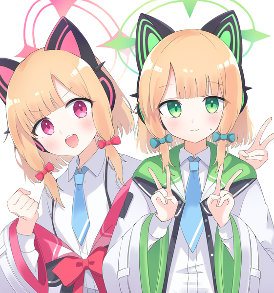 Anime-Bild 1838x1965 mit blue archive momoi (blue archive) midori (blue archive) preste tall image looking at viewer highres short hair open mouth simple background blonde hair white background multiple girls green eyes upper body :d pink eyes victory sweatdrop siblings