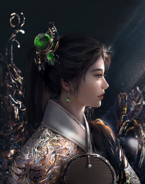 Anime picture 2128x2700 with original nixeu single long hair tall image highres brown hair brown eyes looking away upper body ponytail traditional clothes japanese clothes profile sunlight blurry mole portrait girl hair ornament