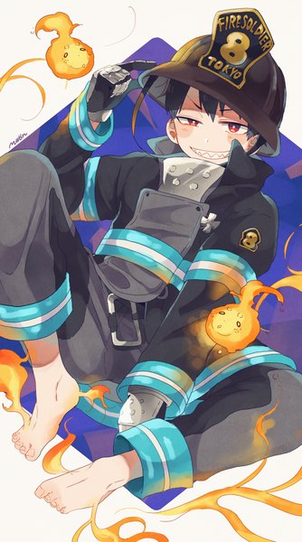 Anime picture 600x1075 with en'en no shouboutai david production shinra kusakabe maon (hikouya) single tall image fringe black hair simple background smile hair between eyes red eyes sitting signed teeth no shoes grin sharp teeth blush stickers firefighter