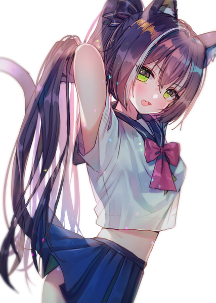 Anime picture 1067x1500 with princess connect! re:dive princess connect! karyl (princess connect!) hanato (seonoaiko) single long hair tall image looking at viewer blush fringe light erotic black hair simple background hair between eyes white background green eyes animal ears ponytail tail animal tail