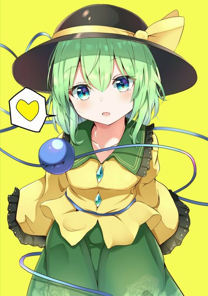 Anime picture 1666x2363 with touhou komeiji koishi iyo (ya na kanji) single tall image looking at viewer blush fringe short hair open mouth simple background hair between eyes aqua eyes green hair yellow background girl hat heart speech bubble blouse