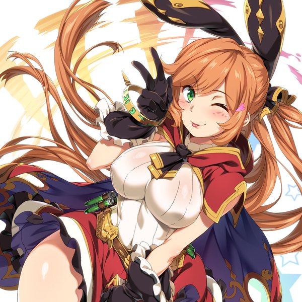 Anime picture 2000x2000 with granblue fantasy clarisse (granblue fantasy) takunari single long hair looking at viewer blush fringe highres breasts light erotic smile large breasts green eyes one eye closed wink orange hair victory eyebrows skirt tug