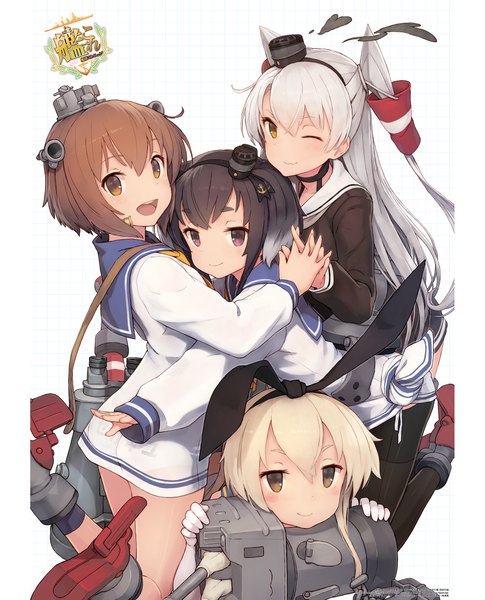 イラスト 1654x2048 と 艦隊これくしょん 島風(艦これ) 連装砲ちゃん 天津風(艦これ) 雪風(艦これ) 時津風(艦これ) shizuma yoshinori 長髪 長身像 カメラ目線 赤面 前髪 短い髪 黒髪 金髪 simple background 笑顔 hair between eyes 茶色の髪 白背景