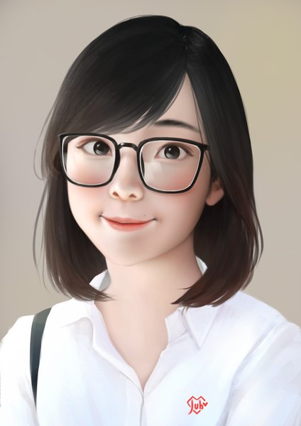 Anime picture 1920x2716 with real life ditta amelia saraswati jubi (regiana) single tall image looking at viewer highres short hair black hair simple background smile signed parted lips black eyes lipstick girl shirt glasses white shirt