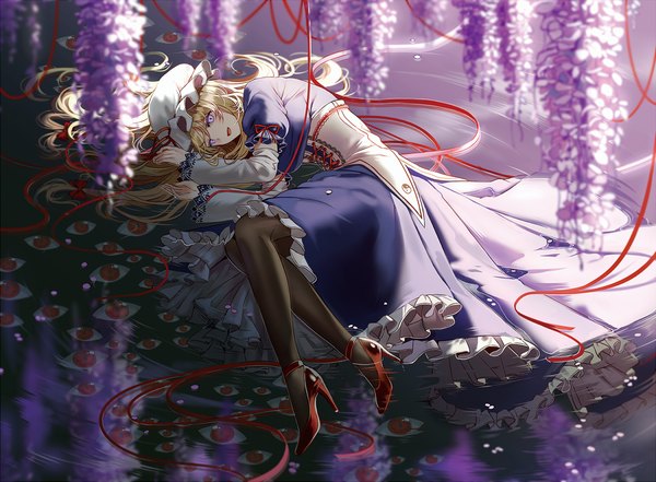 Anime picture 1200x881 with touhou yakumo yukari silence girl single long hair open mouth blonde hair purple eyes full body lying :d high heels on side afloat girl dress flower (flowers) ribbon (ribbons) hat detached sleeves