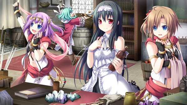 Anime picture 1280x720 with tenbin no la dea eushully long hair short hair open mouth blue eyes black hair smile wide image multiple girls brown eyes game cg purple hair pink eyes girl dress gloves hairband fingerless gloves 4 girls