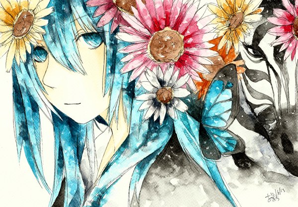 Anime picture 3413x2372 with vocaloid hatsune miku mendouna single long hair looking at viewer fringe highres blue eyes signed blue hair absurdres hair flower light smile girl hair ornament flower (flowers) insect butterfly