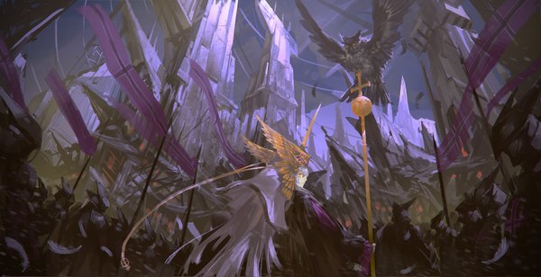 Anime picture 1736x892 with original pixiv fantasia pixiv pixiv fantasia new world alcd fringe highres wide image holding silver hair very long hair glowing glowing eye (eyes) army girl boy animal armor bird (birds) helmet
