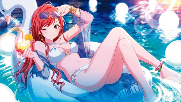 Anime picture 1840x1036 with idolmaster idolmaster shiny colors arisugawa natsuha tomari (veryberry00) single long hair looking at viewer highres breasts light erotic wide image brown eyes red hair one eye closed wink official art bare legs sparkle crossed legs sunglasses on head
