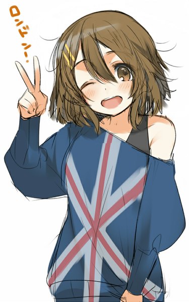Anime picture 573x916 with k-on! kyoto animation hirasawa yui kippu single tall image looking at viewer blush short hair open mouth simple background brown hair white background bare shoulders brown eyes one eye closed wink text victory flag print