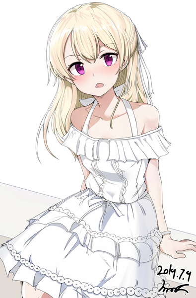 Anime picture 1304x1980 with bang dream! shirasagi chisato supersexyhot single long hair tall image looking at viewer blush fringe breasts open mouth simple background blonde hair hair between eyes white background sitting bare shoulders signed pink eyes off shoulder