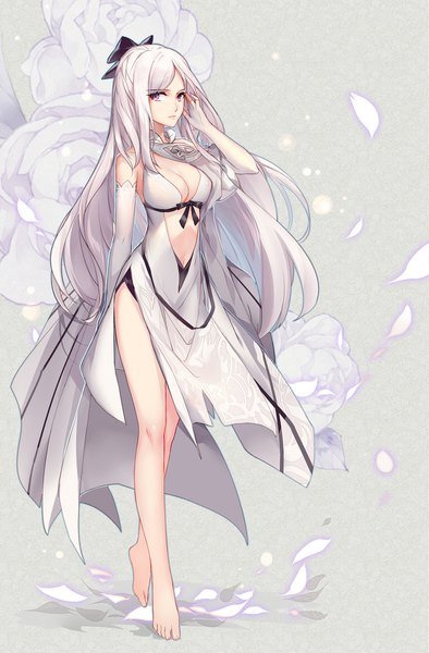 Anime picture 1313x2000 with drakengard drag-on dragoon 3 zero (drag-on dragoon) gekka nanako single long hair tall image looking at viewer breasts light erotic large breasts purple eyes cleavage silver hair full body barefoot floral background girl dress gloves