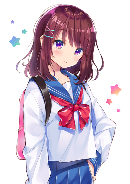 Anime picture 600x849 with original noda shuha single tall image blush short hair simple background brown hair standing white background purple eyes hand on hip girl uniform serafuku star (symbol) x hair ornament backpack