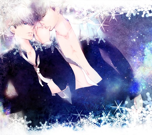 Аниме картинка 1980x1771 с детектив конан kudou shinichi kuroba kaito tennen hz (artist) высокое разрешение короткие волосы голубые глаза лёгкая эротика закрытые глаза серые волосы открытая одежда держаться за руки сёнэн-ай мужчина галстук костюм снежинка (снежинки)