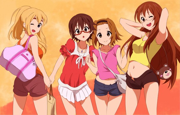 Anime picture 1403x900 with k-on! kyoto animation kotobuki tsumugi tainaka ritsu yamanaka sawako manabe nodoka kumosuke long hair looking at viewer short hair open mouth blonde hair brown hair multiple girls ponytail one eye closed looking back wink from behind :o