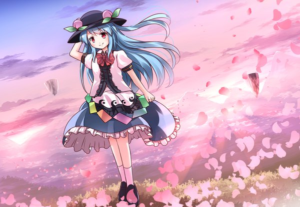 Anime picture 2015x1395 with touhou hinanawi tenshi risutaru single long hair looking at viewer blush fringe highres smile red eyes standing blue hair sky cloud (clouds) full body outdoors wind short sleeves evening