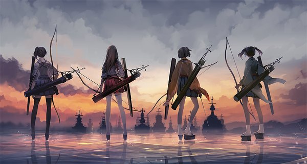 Anime picture 1000x535 with kantai collection kaga aircraft carrier akagi aircraft carrier souryuu aircraft carrier hiryuu aircraft carrier nuriko-kun (artist) long hair short hair brown hair wide image twintails multiple girls holding sky cloud (clouds) bent knee (knees) outdoors pleated skirt wind from behind