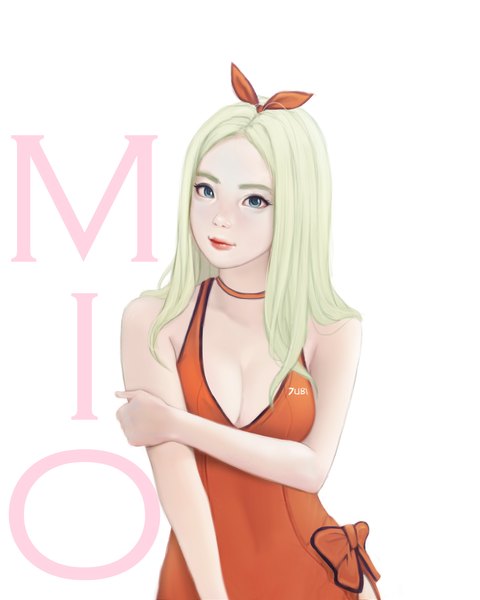 Anime picture 2400x3000 with original mio (jubi) jubi (regiana) single long hair tall image looking at viewer highres breasts blue eyes simple background blonde hair white background bare shoulders signed cleavage upper body realistic sleeveless character names