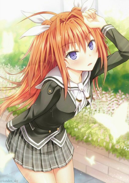 Anime picture 775x1100 with original kanden sky single long hair tall image looking at viewer twintails purple eyes ahoge orange hair hand on head girl skirt uniform flower (flowers) ribbon (ribbons) hair ribbon miniskirt serafuku