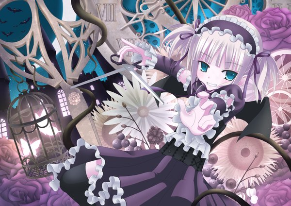 Anime-Bild 4093x2894 mit ts mix highres short hair blue eyes absurdres white hair loli dress flower (flowers) wings hairband bonnet clock bat cage scissors