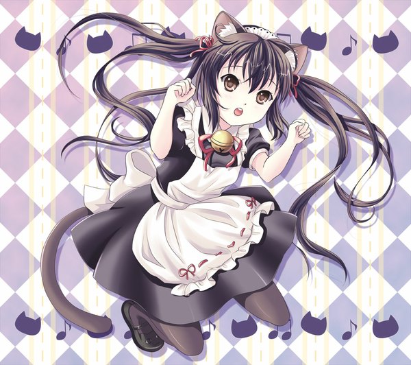 Anime picture 1000x888 with k-on! kyoto animation nakano azusa unya (unya-unya) long hair open mouth black hair twintails brown eyes animal ears cat ears maid cat girl cat tail girl headdress maid headdress bell
