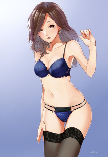 Anime picture 823x1200 with original retsuna single long hair tall image looking at viewer blush fringe breasts light erotic simple background brown hair standing bare shoulders brown eyes signed cleavage parted lips hair over one eye underwear only