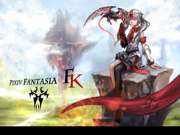 Anime picture 2048x1536 with original pixiv fantasia pixiv fantasia fallen kings baka (mh6516620) single long hair highres red eyes sitting twintails white hair multicolored hair inscription two-tone hair streaked hair girl thighhighs dress black thighhighs single thighhigh