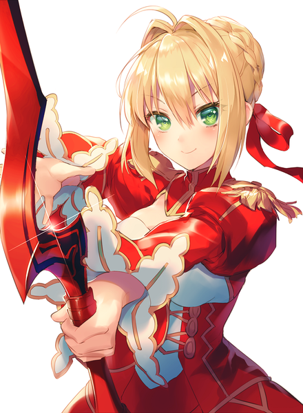 Anime picture 1000x1363 with fate (series) fate/extra nero claudius (fate) (all) nero claudius (fate) kikugetsu single tall image looking at viewer blush fringe short hair simple background blonde hair smile hair between eyes white background holding green eyes payot upper body