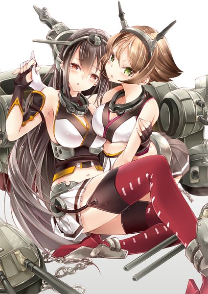 Anime picture 724x1023 with kantai collection nagato battleship mutsu battleship 218 long hair tall image looking at viewer blush short hair black hair simple background red eyes brown hair white background bare shoulders multiple girls green eyes girl thighhighs gloves