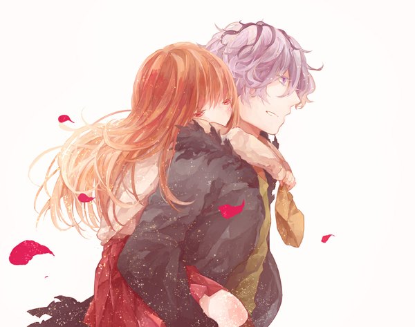 Anime picture 1090x860 with ib (game) garry (ib) ib (ib) long hair blush fringe short hair simple background red eyes brown hair white background purple eyes purple hair hair over one eye couple hug girl boy petals coat