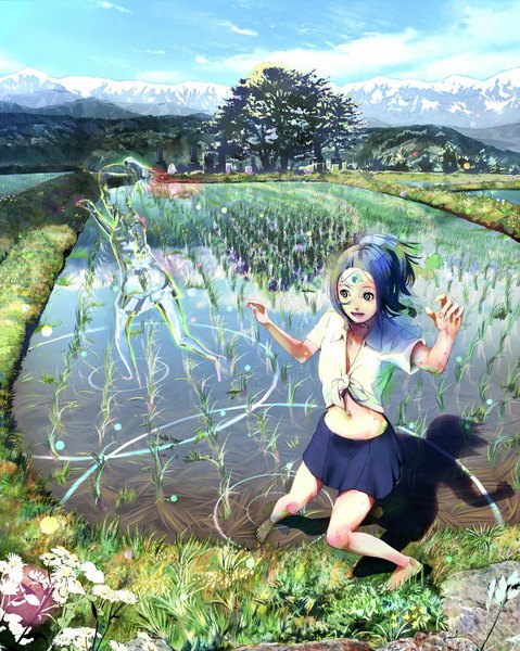 Anime picture 800x1002 with earth girl arjuna juna ariyoshi zunga tall image open mouth blue eyes smile blue hair cloud (clouds) ponytail barefoot shadow mountain running multiple persona girl skirt navel plant (plants) tree (trees)