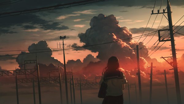 Anime picture 1920x1080 with original sugi87 single long hair highres black hair wide image standing sky cloud (clouds) outdoors from behind evening sunset girl skirt uniform serafuku school bag power lines