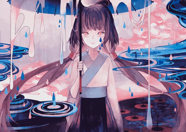 Anime picture 1200x849 with vocaloid nenene single long hair looking at viewer fringe standing purple eyes twintails holding purple hair blunt bangs traditional clothes japanese clothes girl kimono drop