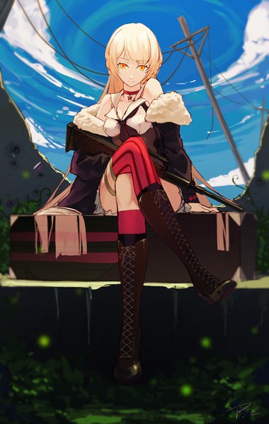 Anime picture 2525x3978 with girls frontline ots-14 (girls frontline) migime no yuugure single long hair tall image highres blonde hair smile sitting bare shoulders yellow eyes sky cloud (clouds) full body bent knee (knees) fur trim crossed legs lacing asymmetrical legwear