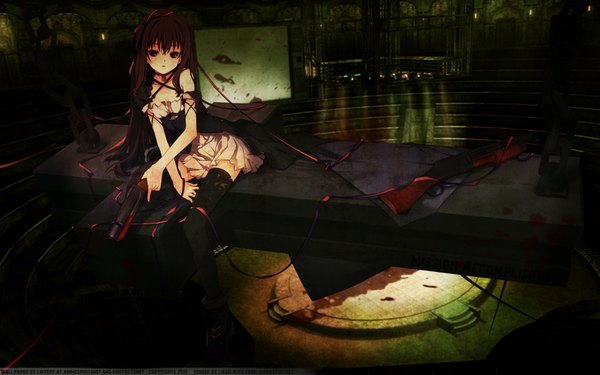 Anime picture 1920x1200 with original ruroo long hair looking at viewer highres black hair red eyes wide image sitting wallpaper dark background ruins girl thighhighs dress ribbon (ribbons) weapon black thighhighs blood chain