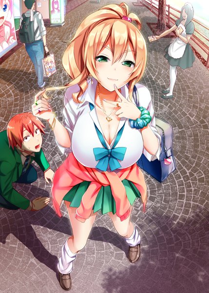 Anime picture 1920x2683 with hajimete no gal yame yukana hashiba jun'ichi uenotei long hair tall image looking at viewer blush fringe highres short hair breasts blonde hair smile hair between eyes large breasts standing multiple girls green eyes full body