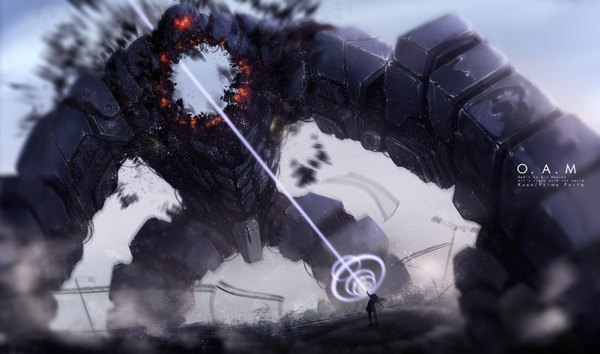 Anime picture 4000x2362 with grizelda kuon (kwonchanji) ku-on long hair highres wide image signed absurdres inscription silhouette battle science fiction girl weapon robot mecha