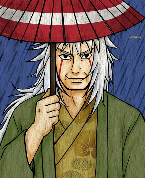 Anime picture 3169x3882 with naruto studio pierrot naruto (series) jiraiya single long hair tall image highres smile absurdres white hair traditional clothes japanese clothes black eyes boy umbrella