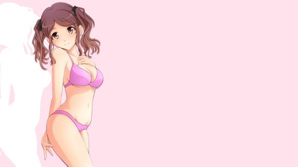 Anime picture 1280x720 with amagami nakata sae single looking at viewer blush short hair breasts light erotic simple background brown hair wide image twintails brown eyes hand on chest pink background girl navel swimsuit bikini