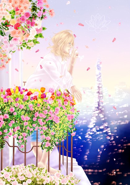 Anime picture 2480x3543 with axis powers hetalia studio deen france (hetalia) yaroslavapanina single long hair tall image highres blue eyes blonde hair standing sky profile barefoot wavy hair city lights boy flower (flowers) shirt petals