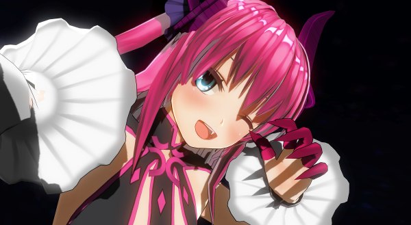 Anime picture 1200x658 with fate (series) fate/extra fate/extra ccc elizabeth bathory (fate) (all) elizabeth bathory (fate) shidzuki single long hair blush fringe open mouth blue eyes simple background smile wide image twintails pink hair one eye closed wink black background