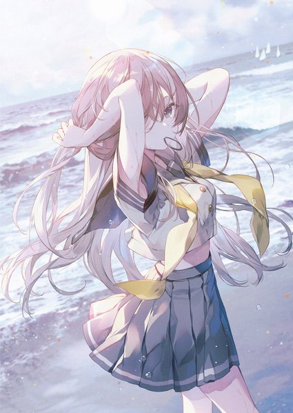 Anime picture 2150x3036 with original melonbooks ibara riato single long hair tall image looking at viewer fringe highres breasts blue eyes standing holding pink hair sky cloud (clouds) outdoors pleated skirt wind scan