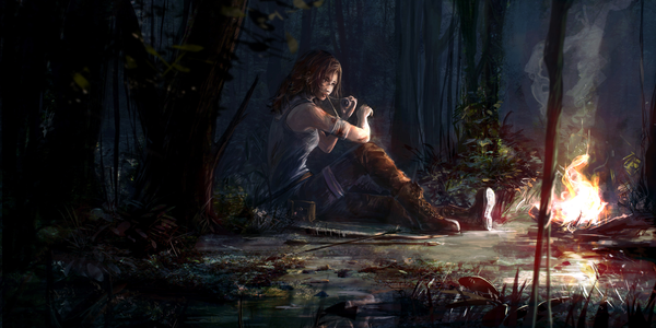 Anime picture 3996x2000 with tomb raider lara croft single long hair highres brown hair wide image sitting holding brown eyes ponytail night mouth hold smoke injury camp girl weapon plant (plants) earrings