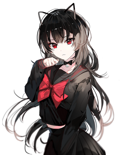 Anime picture 815x990 with original naru (ul) single long hair tall image looking at viewer fringe black hair simple background red eyes standing white background animal ears long sleeves pleated skirt blurry midriff fake animal ears bell collar paw pose