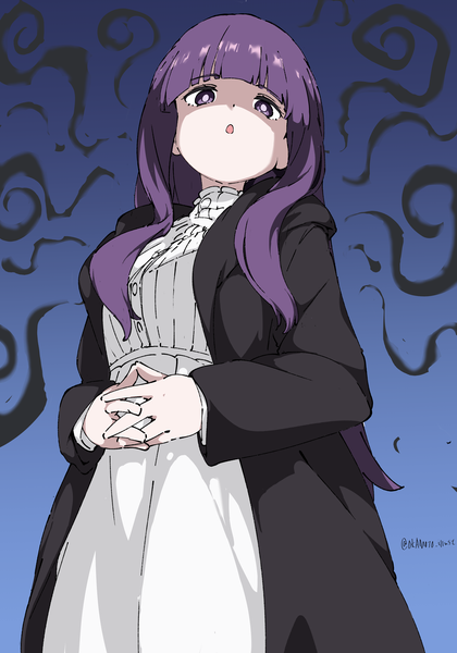 Anime picture 2864x4093 with sousou no frieren fern (sousou no frieren) white gorilla (okamoto) single long hair tall image looking at viewer fringe highres open mouth purple eyes signed purple hair blunt bangs :o twitter username shaded face interlocked fingers girl dress