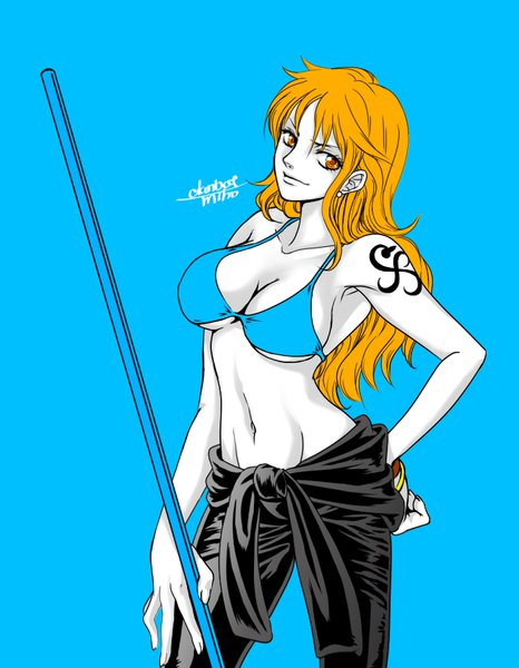 Anime picture 699x900 with one piece one piece film: gold toei animation nami (one piece) danbat miho single long hair tall image looking at viewer fringe breasts light erotic simple background hair between eyes large breasts standing bare shoulders holding signed cleavage